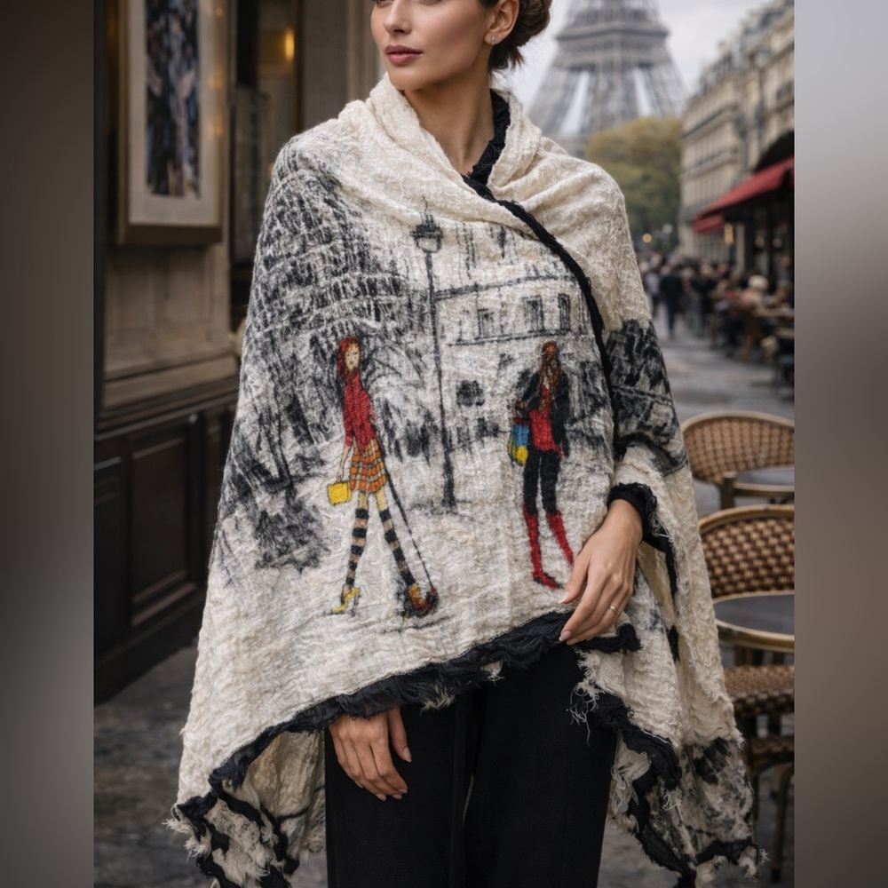 JEFF Paris Scene Eiffel Tower Print 100% Wool Wrap Scarf Shawl